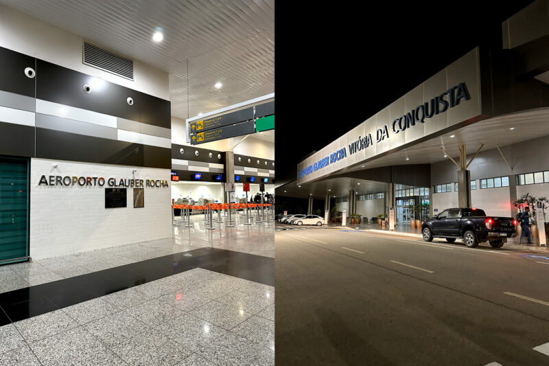 Montagem com duas fotos do Aeroporto Glauber Rocha em Vitória da Conquista (BA). À esquerda, a área de check-in interna com balcões modernos. À direita, a fachada do terminal iluminada à noite com o nome do aeroporto em destaque.