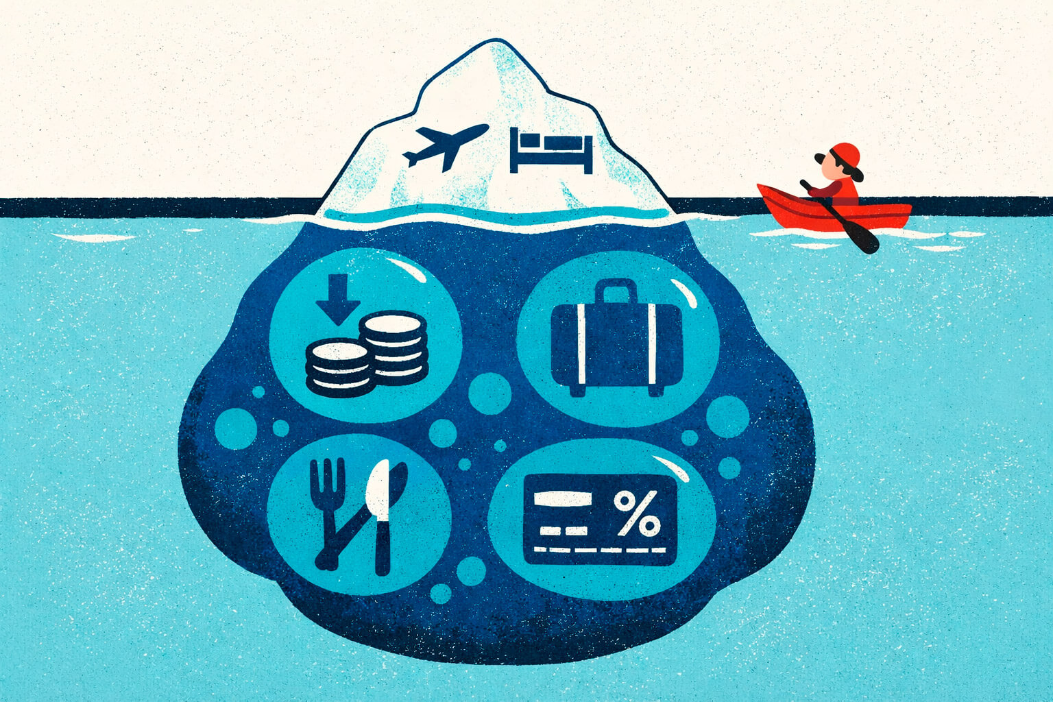 Ilustração editorial estilo flat design mostrando um iceberg no oceano. A pequena ponta visível fora da água contém ícones de avião e cama de hotel. A grande parte submersa do iceberg contém ícones de gastos ocultos: moedas caindo, uma mala de viagem, talheres de refeição e um cartão de crédito com símbolo de porcentagem. Um pequeno viajante em um caiaque vermelho observa o iceberg.