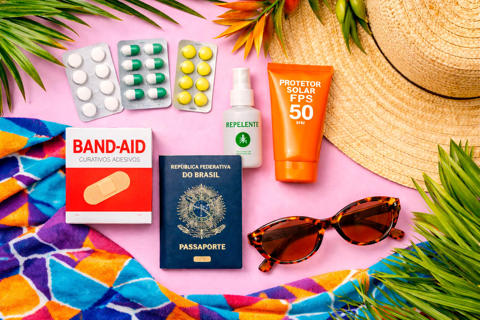 Conjunto de itens de viagem dispostos sobre uma toalha de praia: uma caixa de Band-Aid, um tubo de protetor solar FPS 50, um frasco de repelente, três cartelas de comprimidos, um passaporte brasileiro e um óculos de sol, com um chapéu de palha e folhas ao fundo.