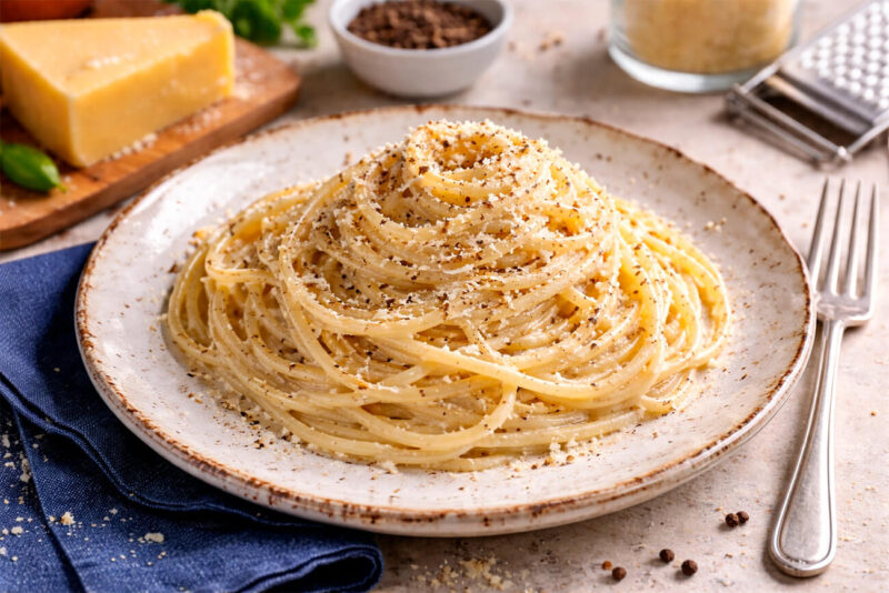 Prato de cerâmica rústica com uma porção de espaguete enrolado em formato de ninho, coberto por molho cremoso de queijo e salpicado com muita pimenta-do-reino moída grosseiramente. Ao fundo, um pedaço triangular de queijo Pecorino, um ralador de inox e grãos de pimenta.
