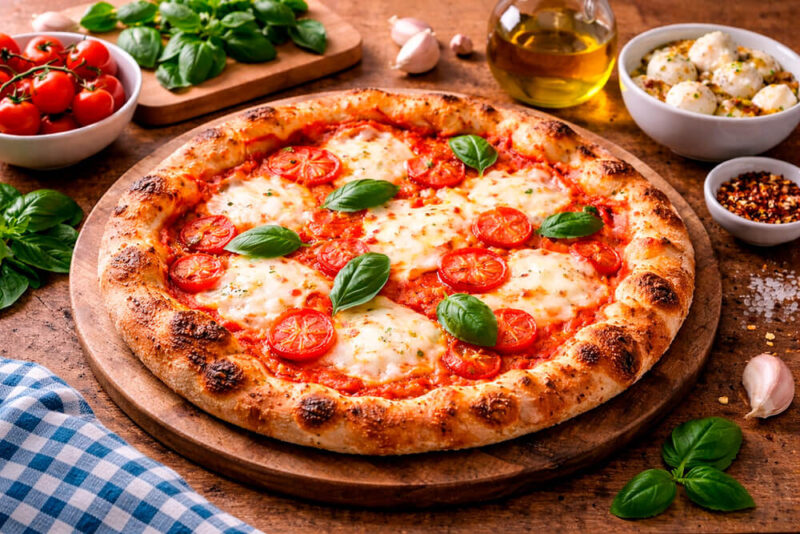 Pizza Margherita inteira sobre uma tábua de madeira redonda, com borda alta dourada e 'leopard spots' (manchinhas de queimado). A cobertura tem molho de tomate, queijo mozzarella derretido, tomates cereja assados e folhas de manjericão fresco.