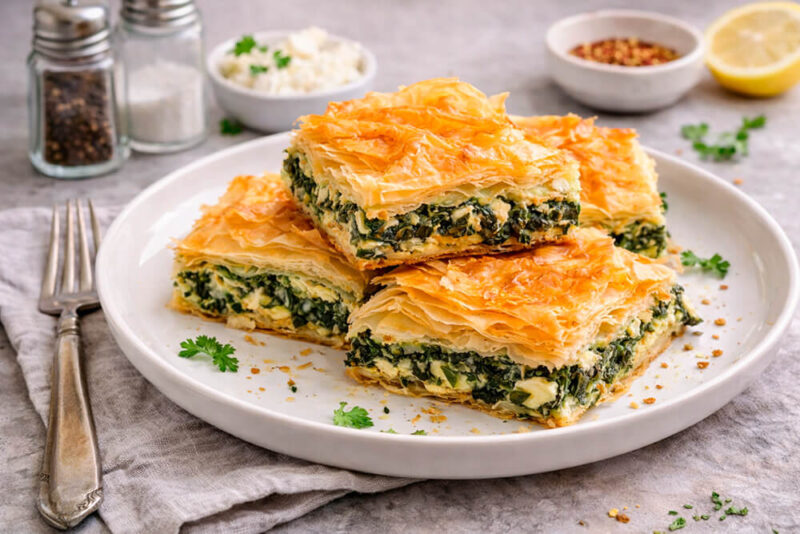 Pedaços quadrados de Spanakopita (torta grega) empilhados em um prato branco, mostrando o recheio verde de espinafre e queijo feta. A massa filo no topo está dourada e folhada. Ao fundo, meio limão siciliano e um garfo antigo de prata.
