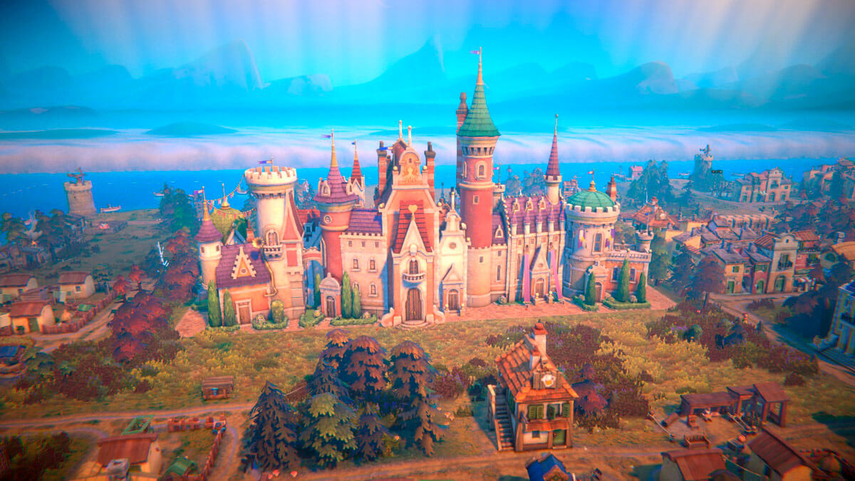 Vista panorâmica de um castelo colorido de contos de fadas com torres de telhado cônico, rodeado por uma vila medieval e campos no jogo Fabledom.
