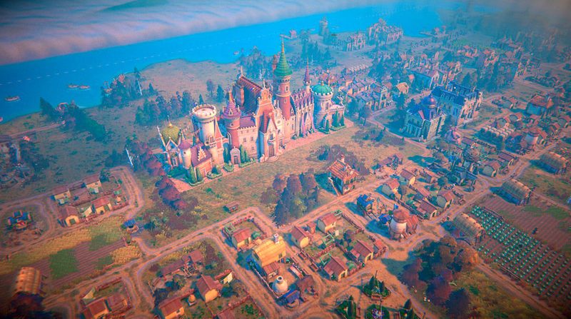 Vista da vila medieval do jogo Fabledom.