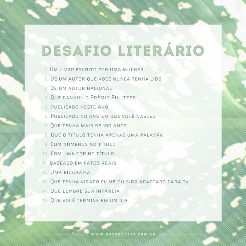 Lista com os 15 itens do Desafio Literário do Não Sou de SP